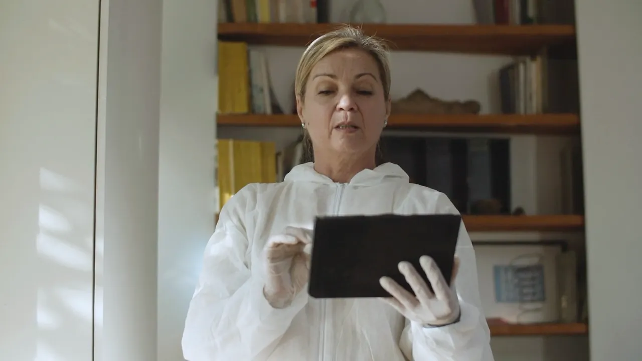 A care worker reading a tablet
