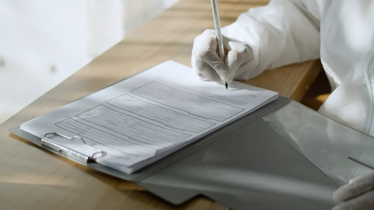 A gloved hand filling in a form