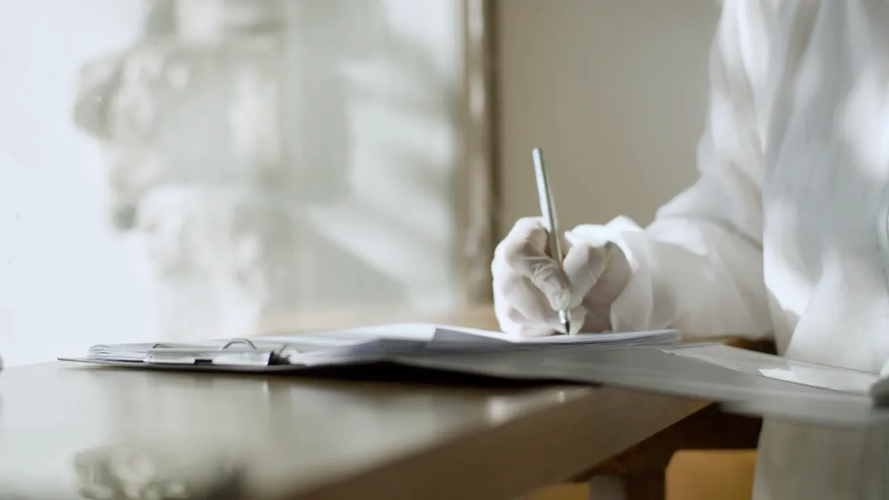 A gloved hand writing on a clipboard